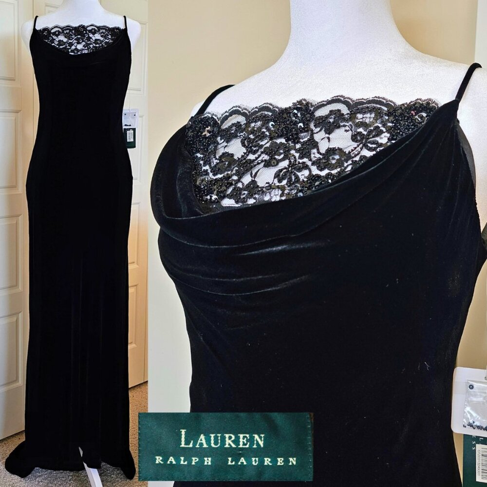 Lauren Ralph Lauren Black Velvet Lace Beaded Gown Dress Size 4 NWT Y2K